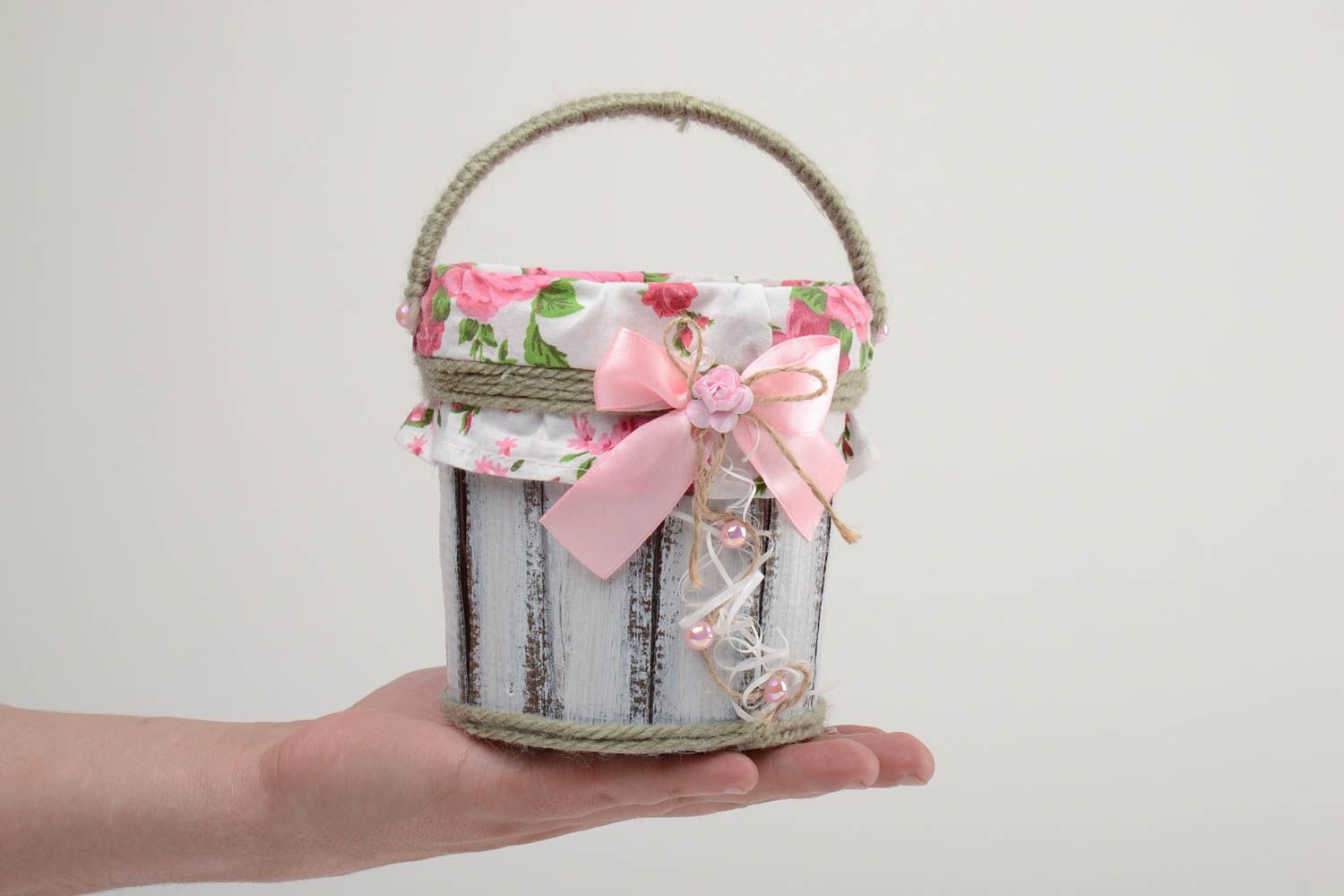 Handmade decorative carton and fabric bucket with bow for little things photo 5