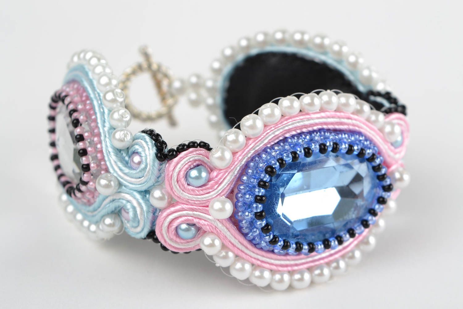 Handmade wrist bracelet embroidered with soutache cord and seed beads light blue photo 3