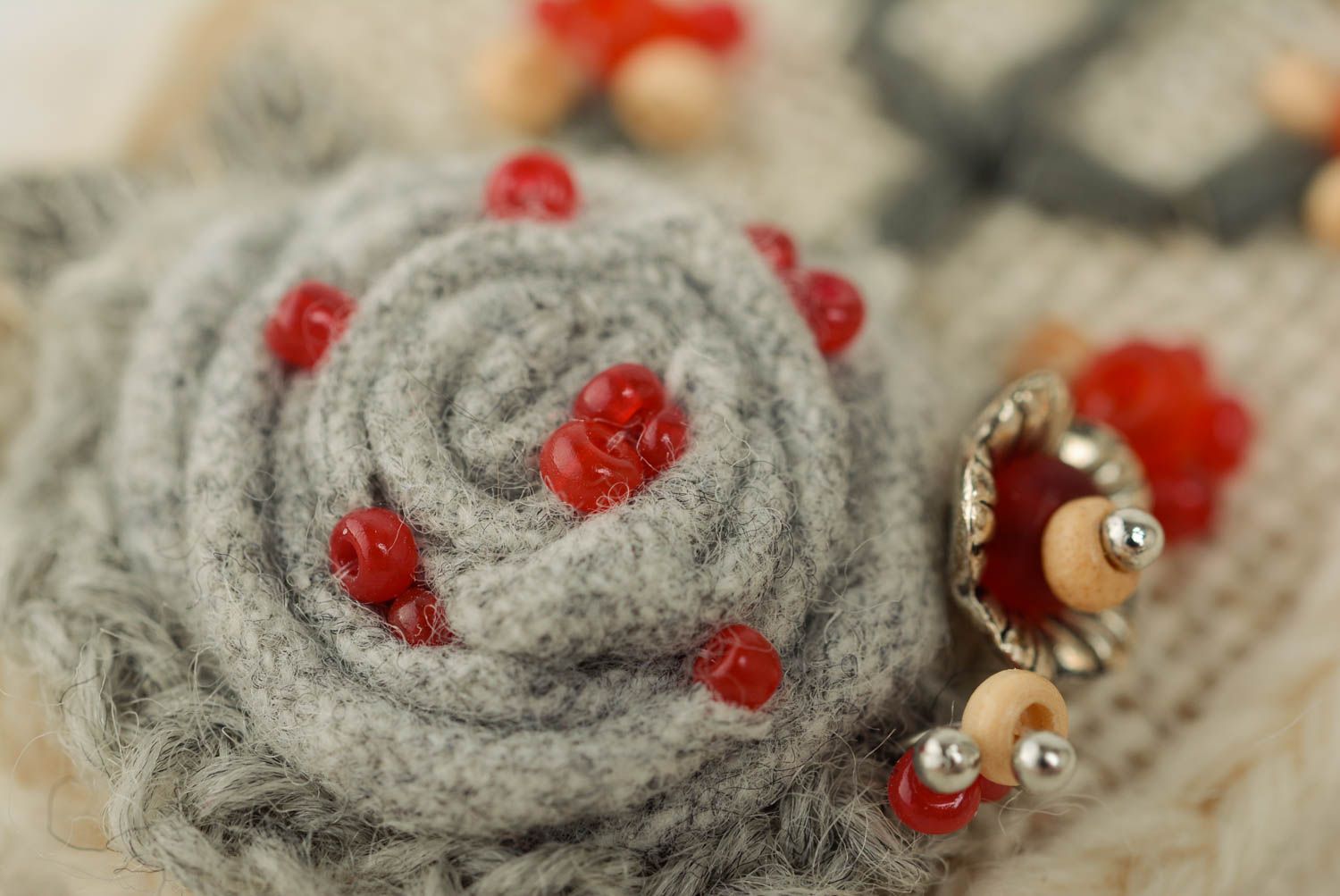 Handmade light designer brooch crocheted of natural wool embroidered with beads photo 4