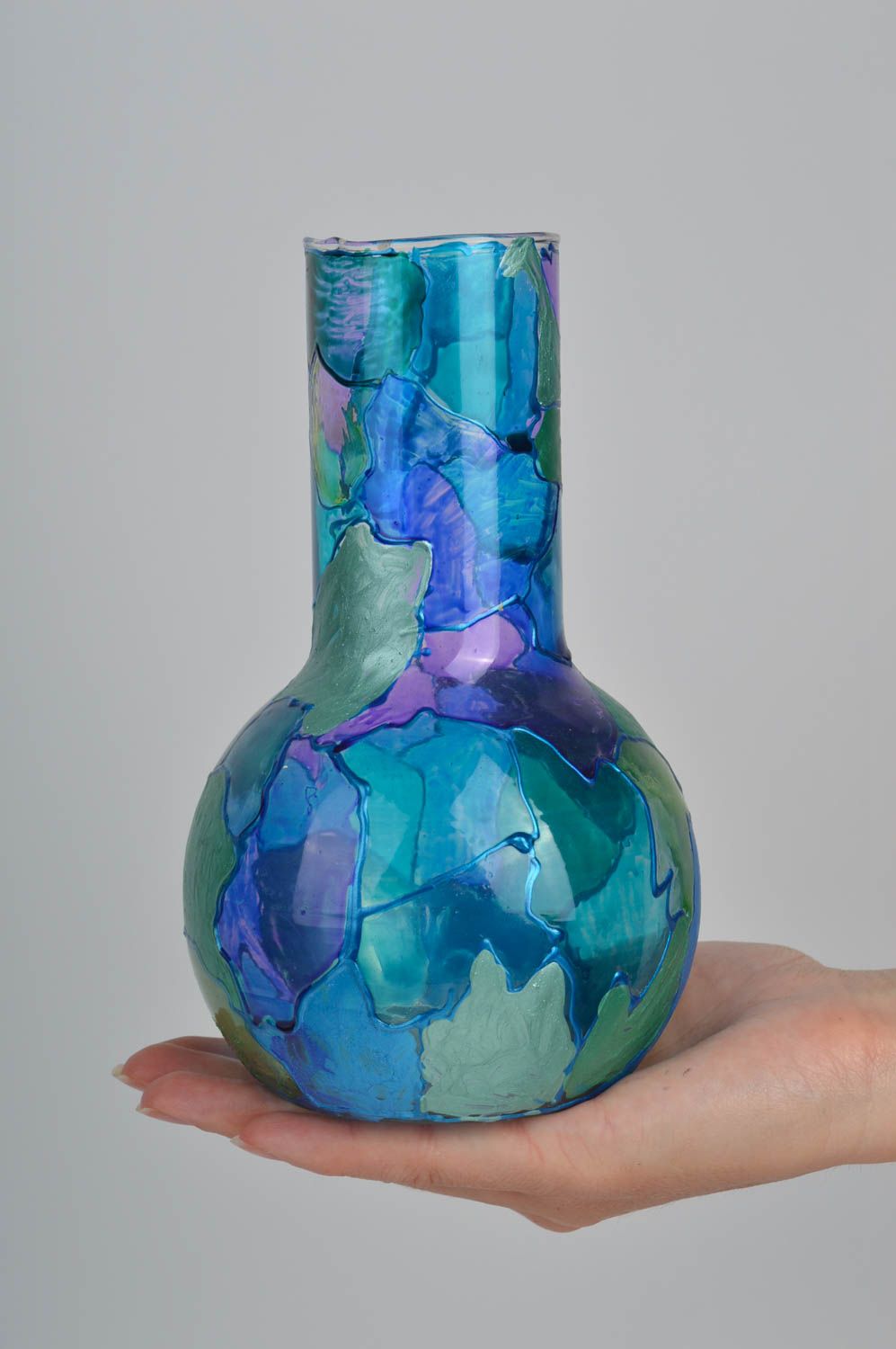 7 inches flask shape green&blue hand-painted vase 0,36 lb photo 5