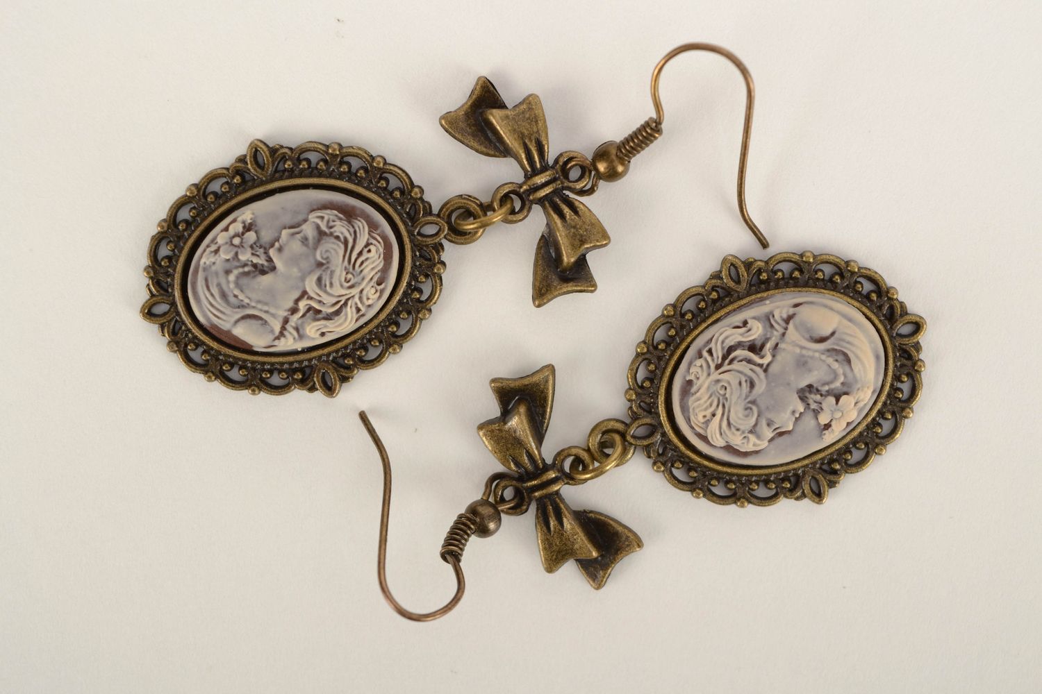 Unusual dangle earrings Cameo with Bow photo 3
