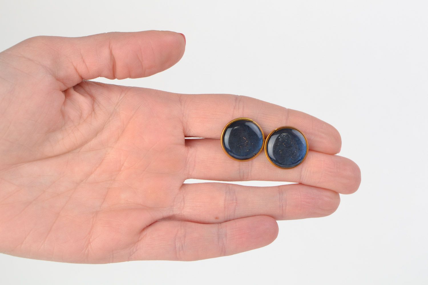 Handmade small stud earrings with jewelry glaze of dark blue color for women photo 2