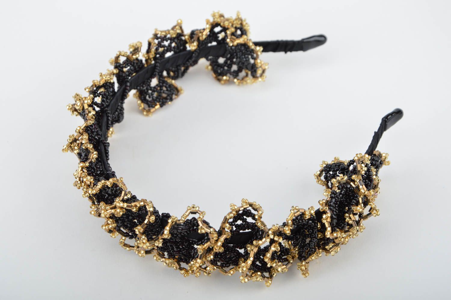 Unusual beautiful handmade designer beaded headband of black and gold colors photo 2