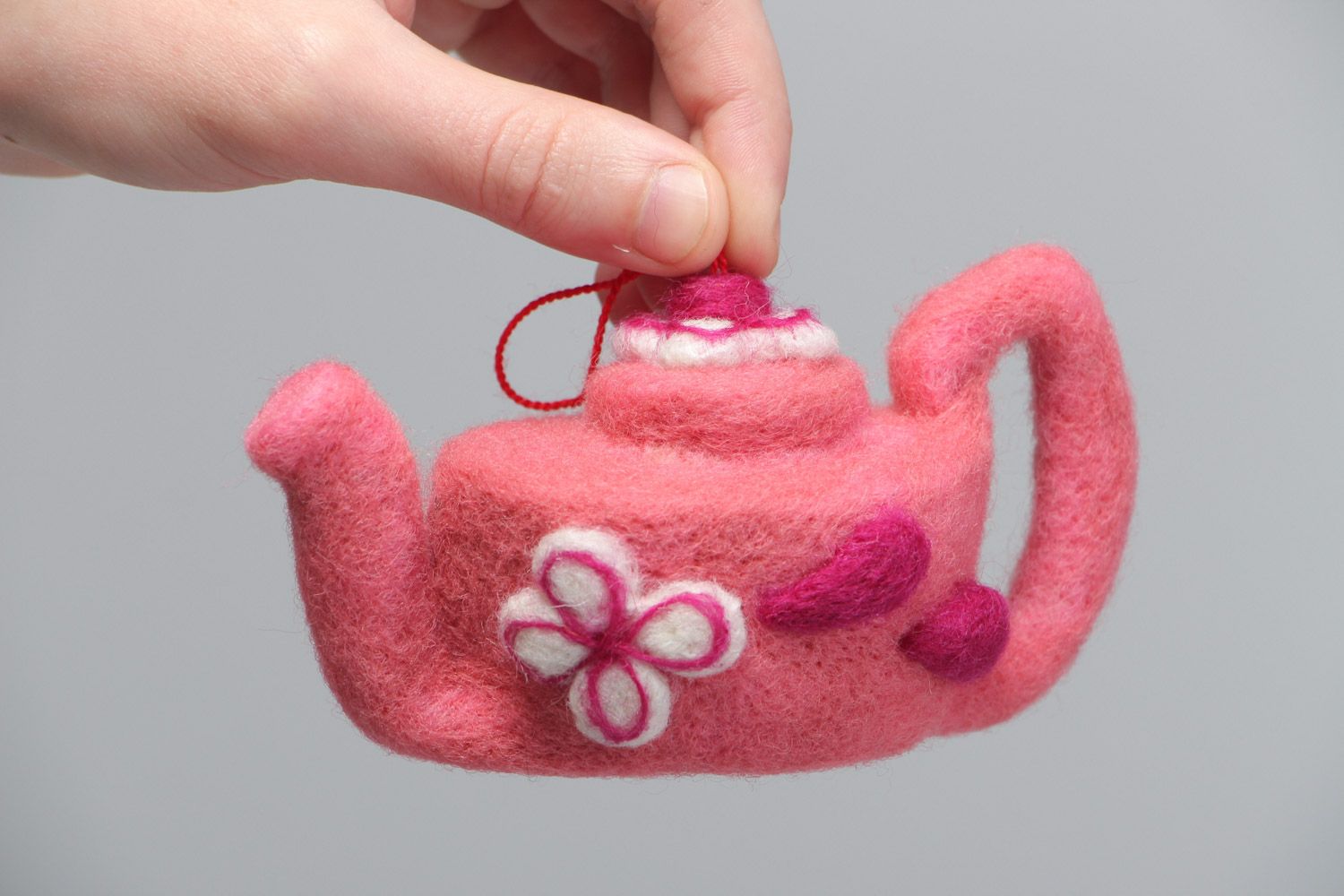Handmade designer felted wool interior pendant toy teapot of pink color photo 5