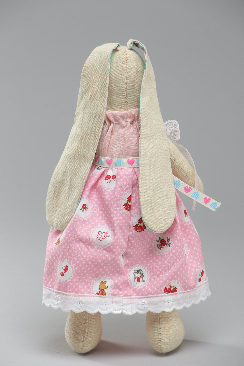Handmade decorative soft toy sewn of cotton Rabbit in beautiful pink dress photo 4