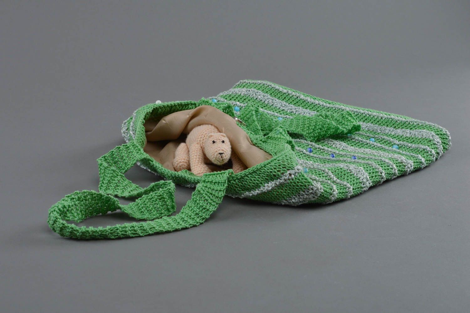 Gestreifte gehäkelte Damentasche Clutch aus Baumwolle grün handmade Accessoire  foto 3
