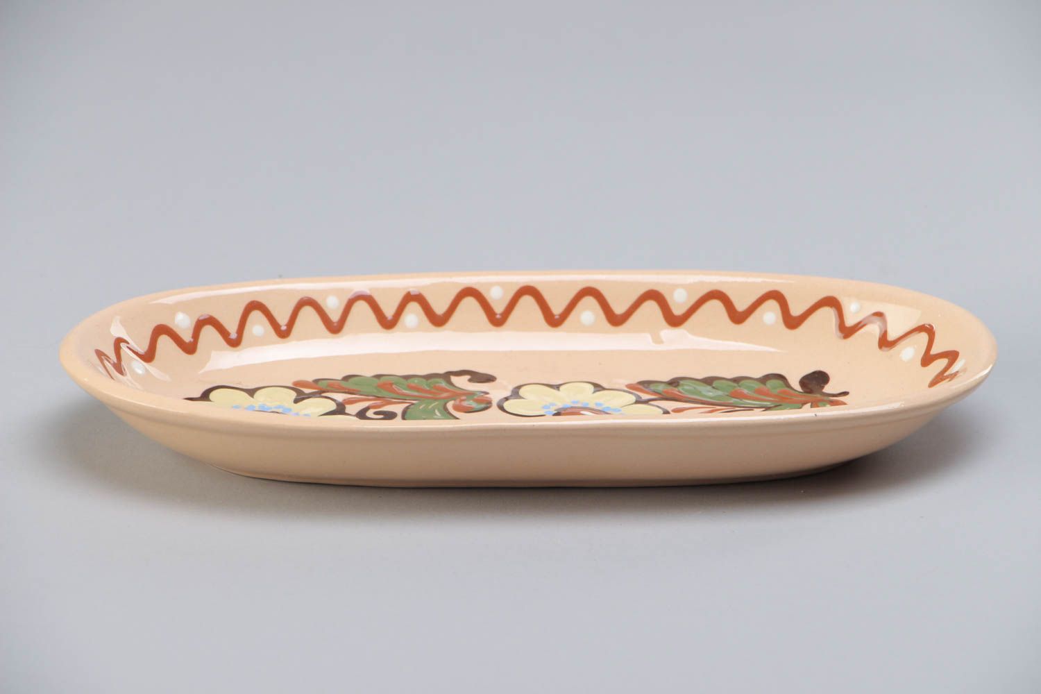 Handmade beautiful painted red clay long plate for fish photo 2