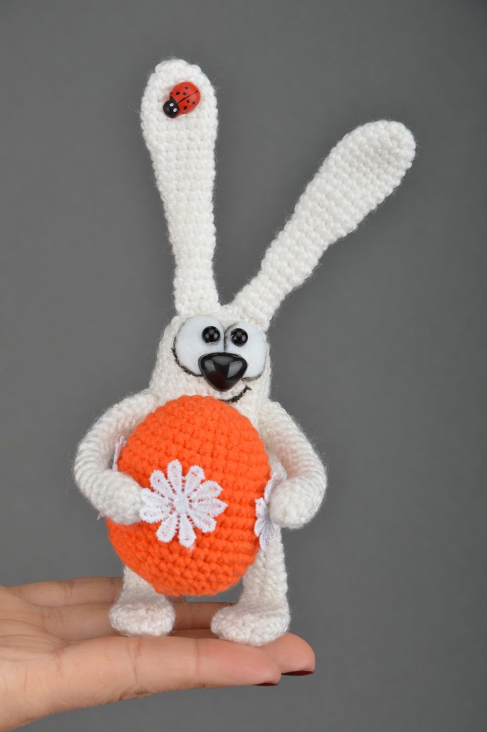 Handmade designer crocheted soft toy funny white rabbit with orange painted egg photo 3