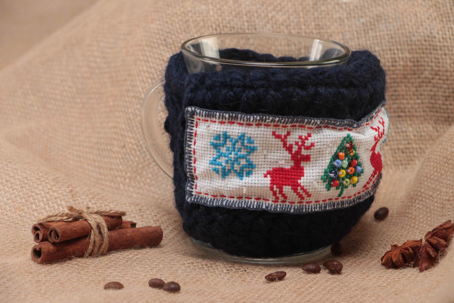 Handmade designer dark blue woolen cozy with embroidery and glass cup set photo 1
