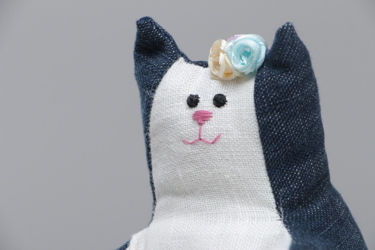 Handmade denim fabric soft toy kitty of blue and white colors and average size photo 3