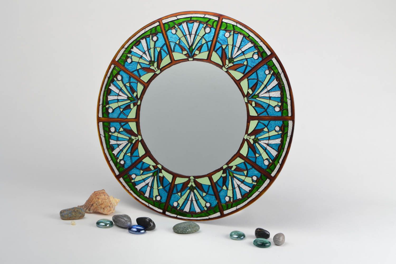 Handmade large round wall mirror with blue and green stained glass painting  photo 1