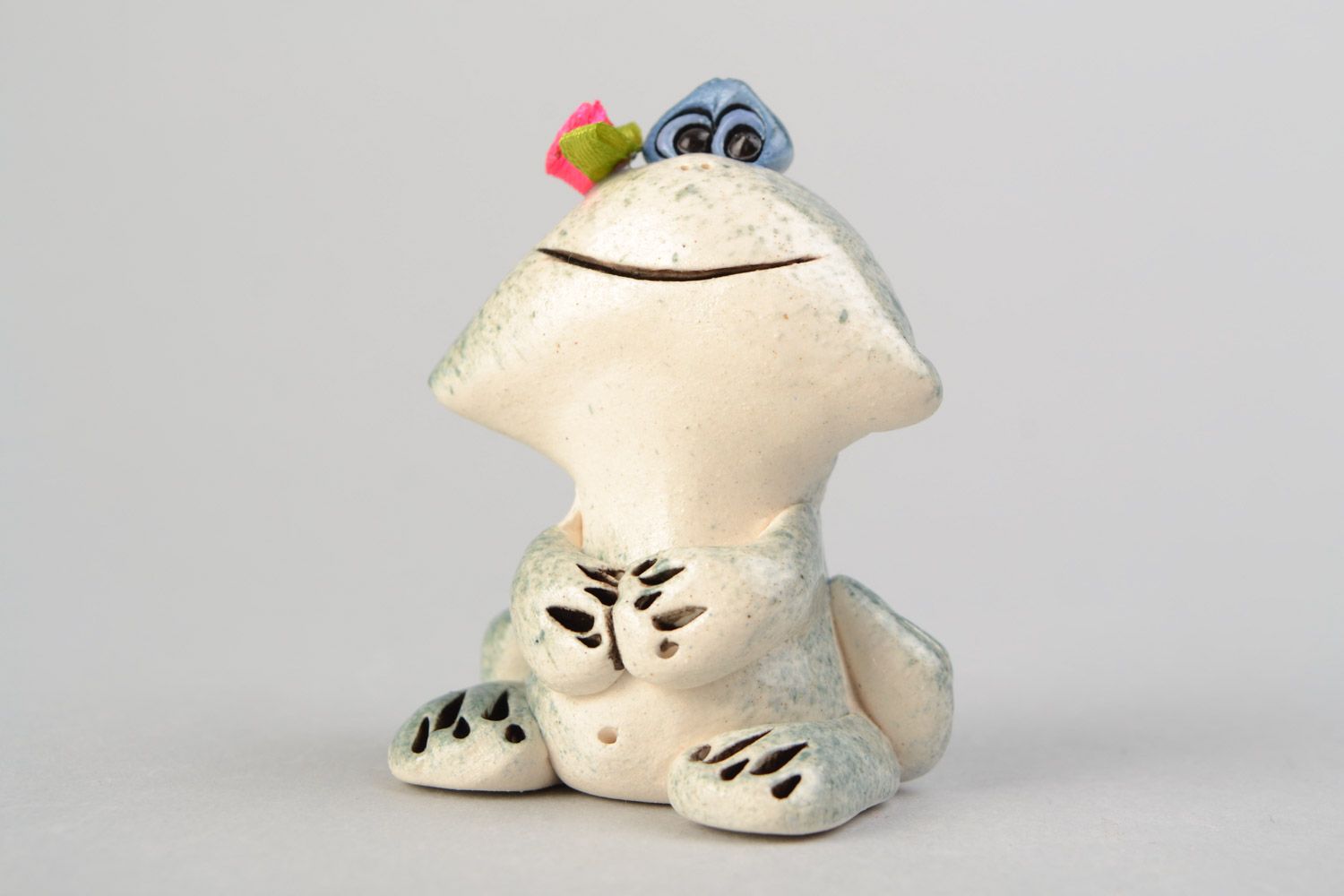 Small beautiful gray handmade porcelain figurine of frog photo 4