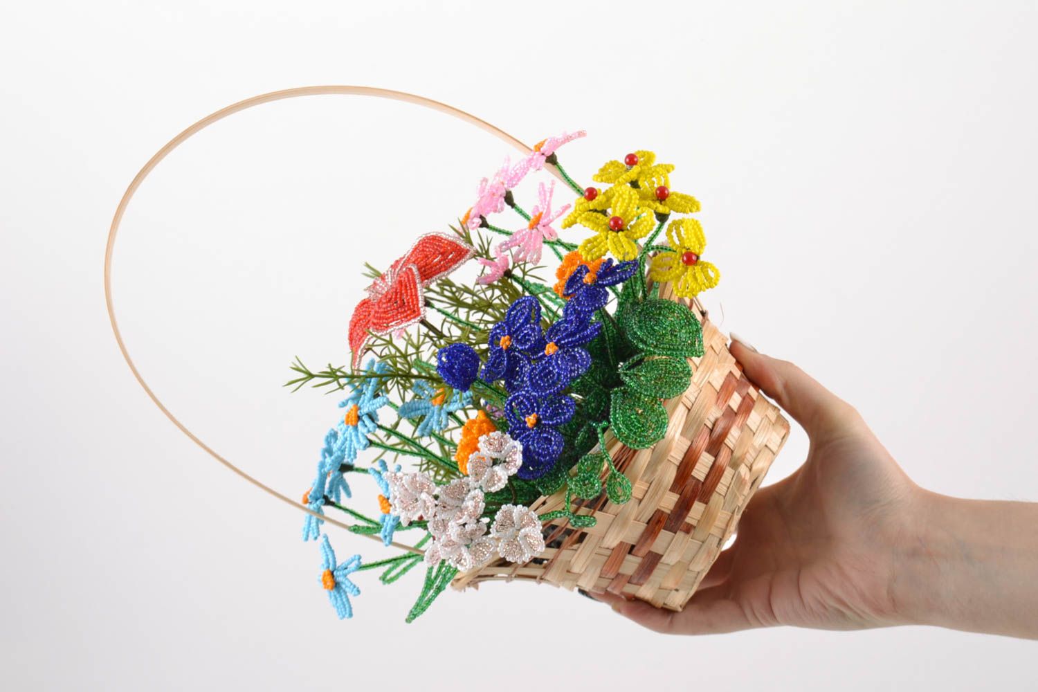 Handmade decorative woven basket with bright colorful volume beaded flowers  photo 5