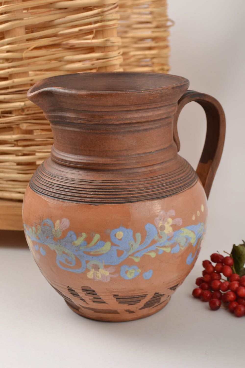 Ancient style handmade ceramic 50 oz wine jug with hand-painted ornament 8, 2,2 lb photo 1