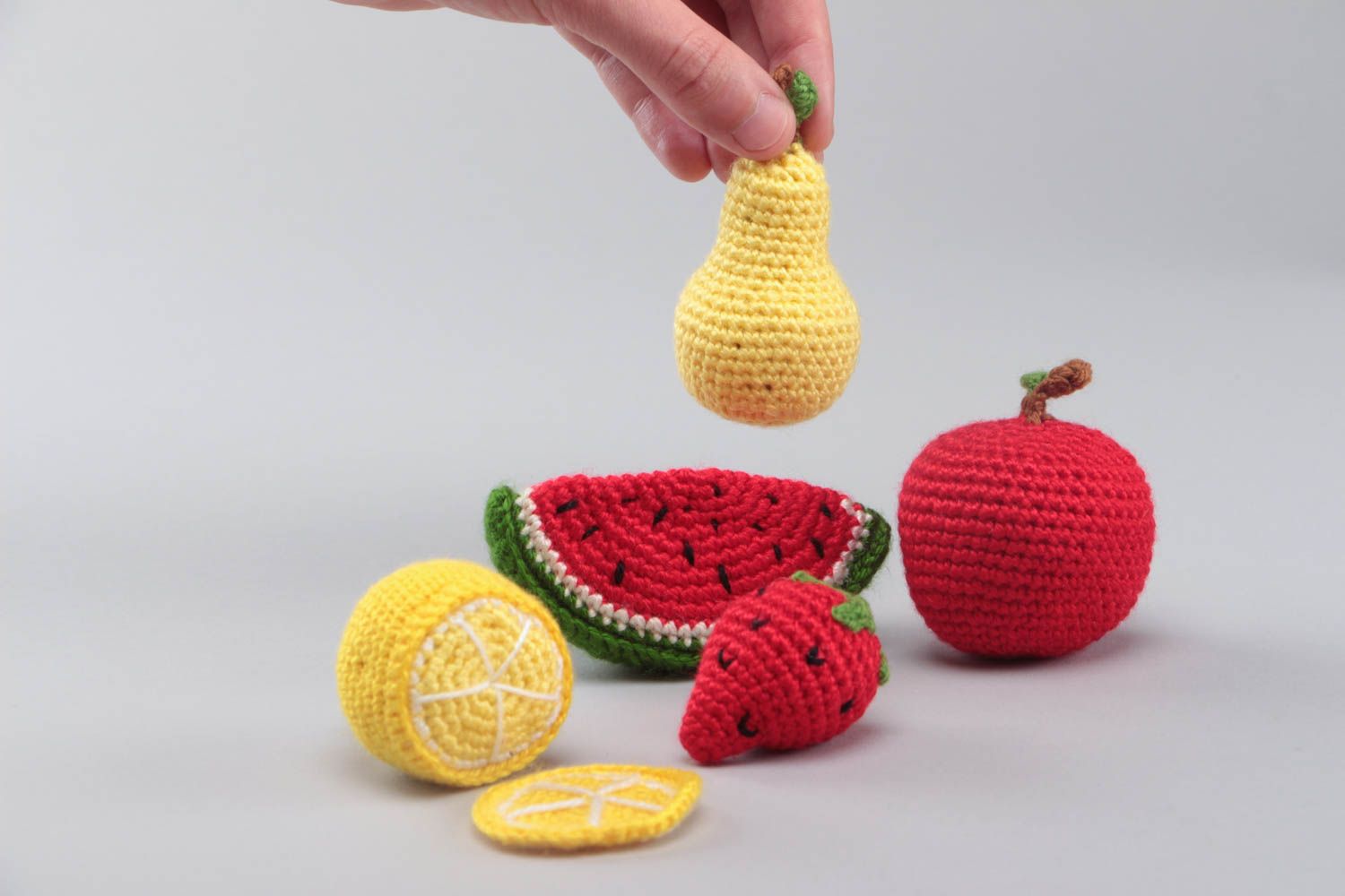 Set of 6 handmade crocheted soft colorful fruit toys for kids and interior decor photo 5