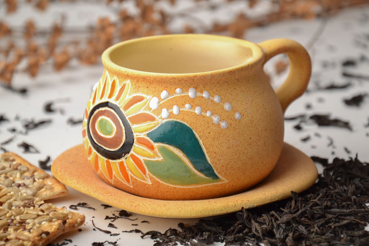 Sunflower pattern clay art coffee cup 0,9 lb photo 1