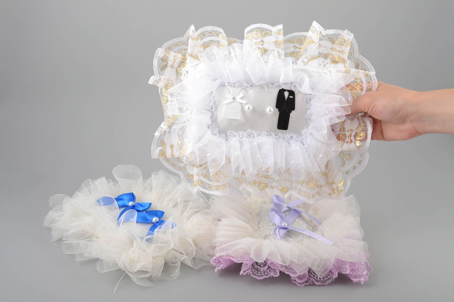 Set of 3 handmade designer beautiful wedding ring bearer pillows with satin bows photo 5