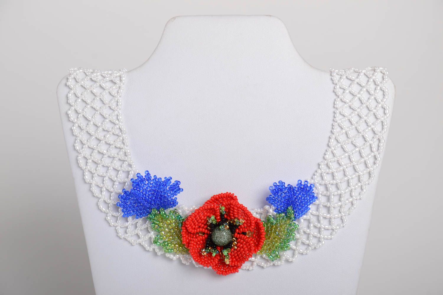 Handmade woven necklace beaded unusual jewelry stylish accessory with flower photo 2
