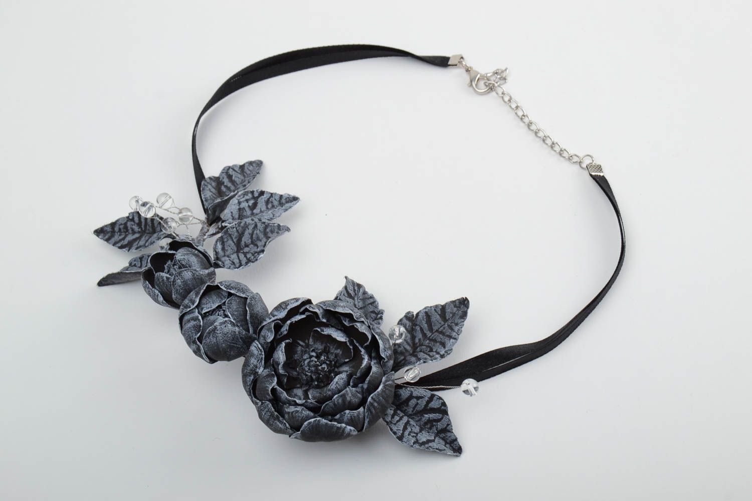 Handmade black floral self hardening clay necklace on ribbons of black color photo 3