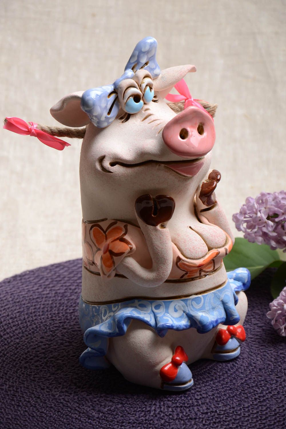 Large handmade interior money box made of clay painted with pigments cute pig photo 1