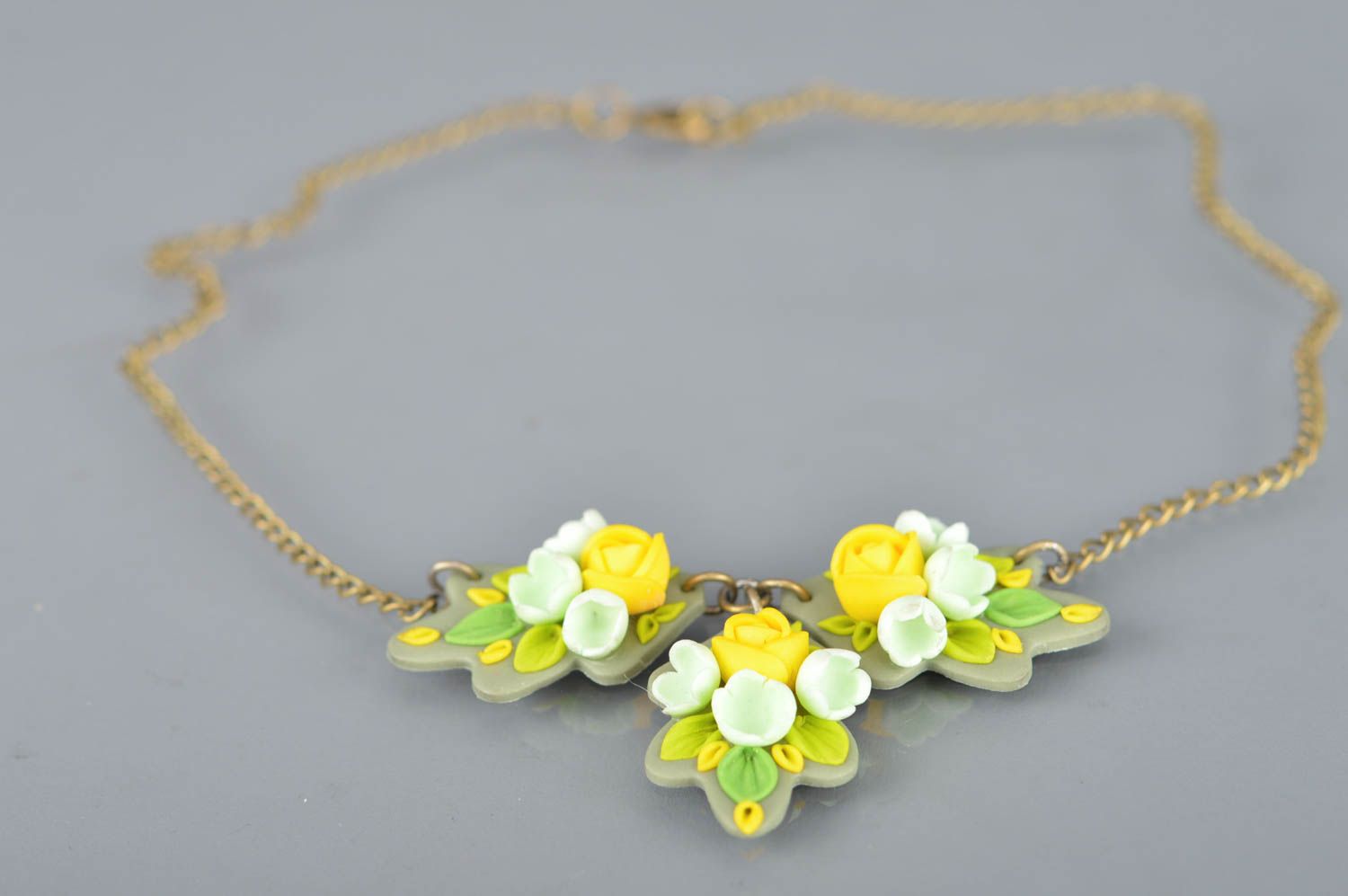 Beautiful women's handmade designer polymer clay flower pendant on chain photo 3