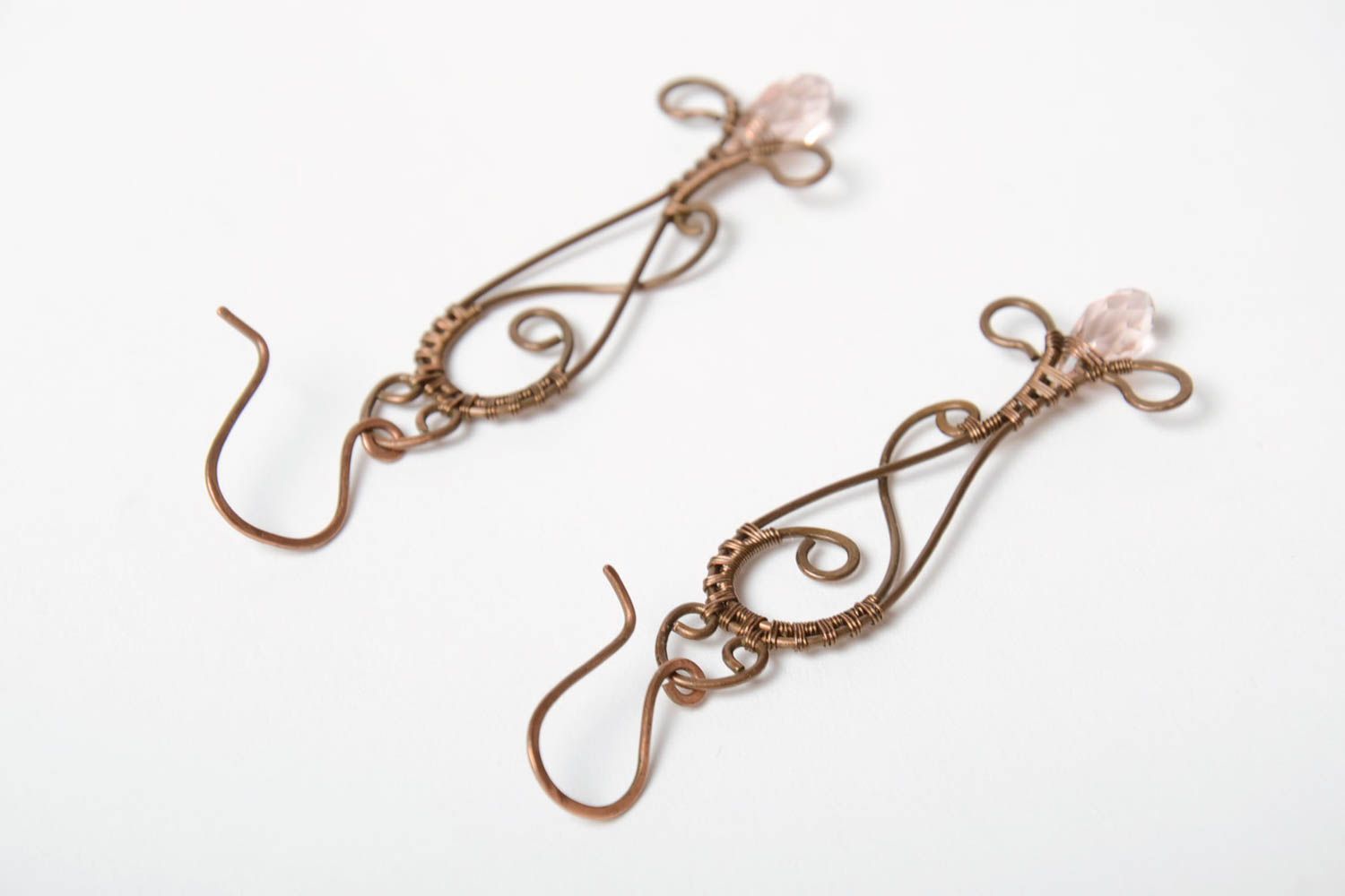 Beautiful unusual handmade long wire wrapped copper earring with clear crystal  photo 4