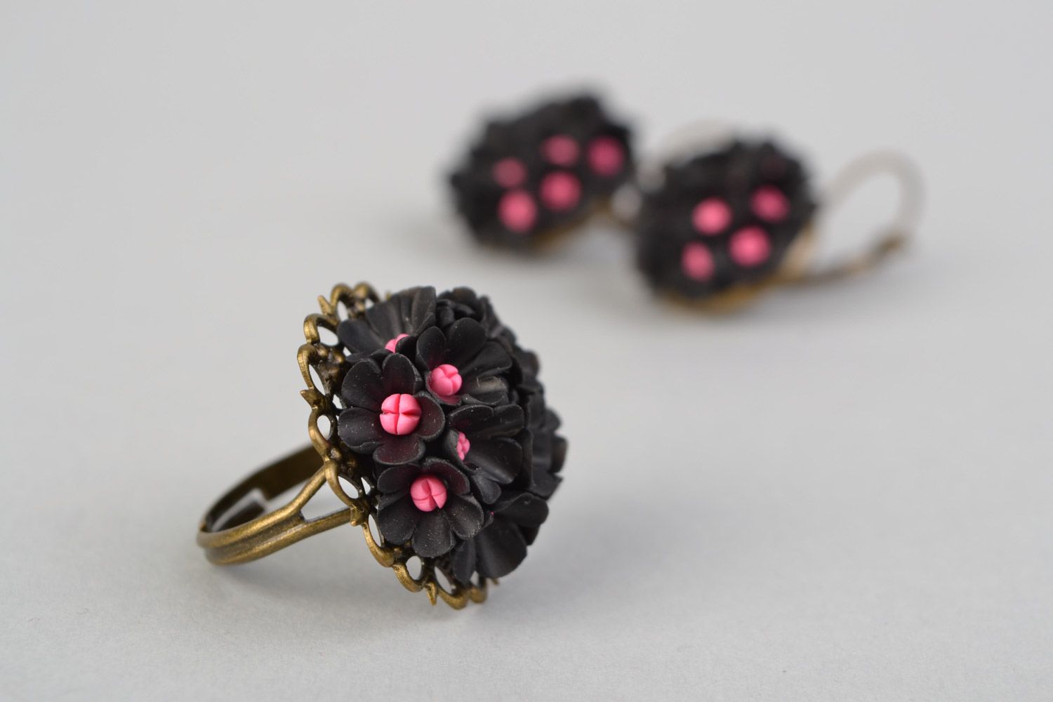 Handmade set of polymer clay jewelry flower ring and earrings photo 5