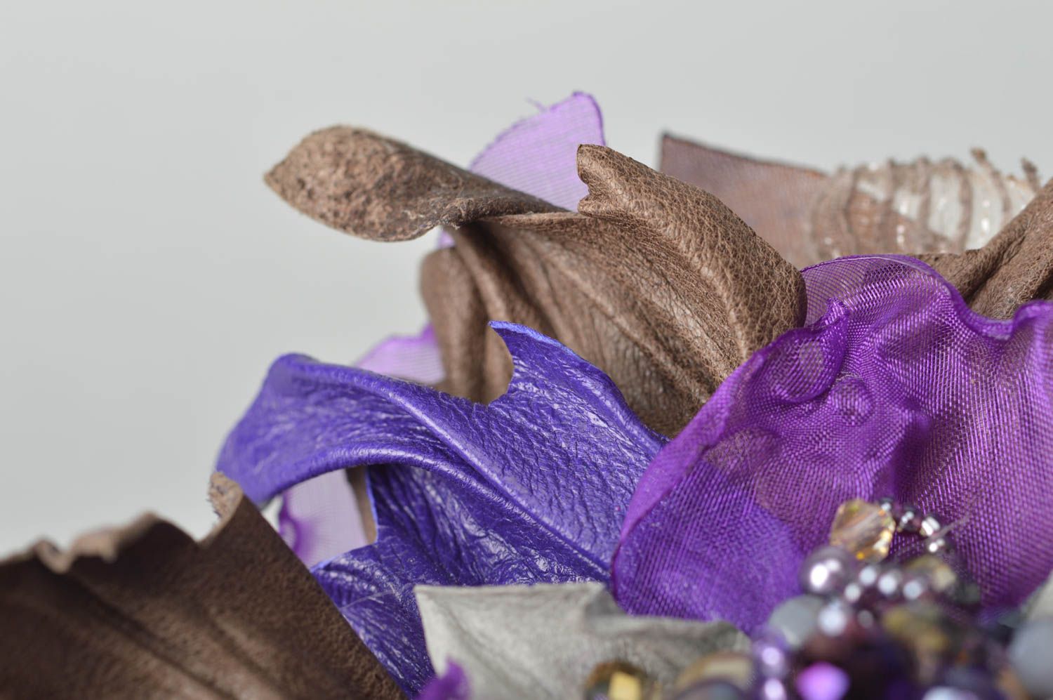 Broche Barrette fleur faite main grande en cuir Cadeau pour femme Violette  photo 4