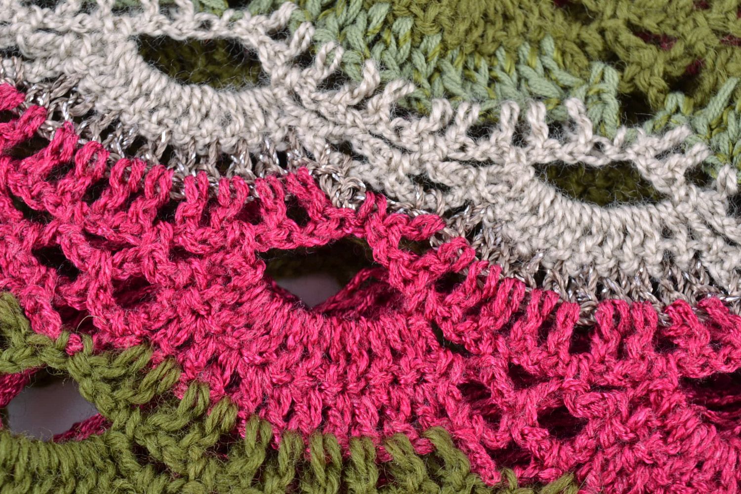 Handmade bright women's shawl crocheted of semi-woolen threads with fringe  photo 3