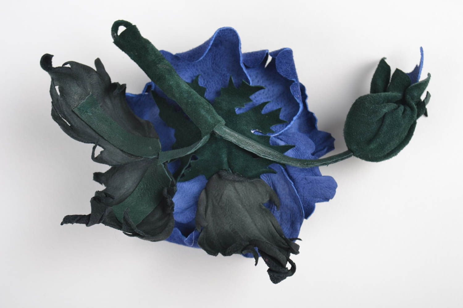 Grosse broche fleur faite main bleue en cuir naturel Accessoire pour femme photo 5