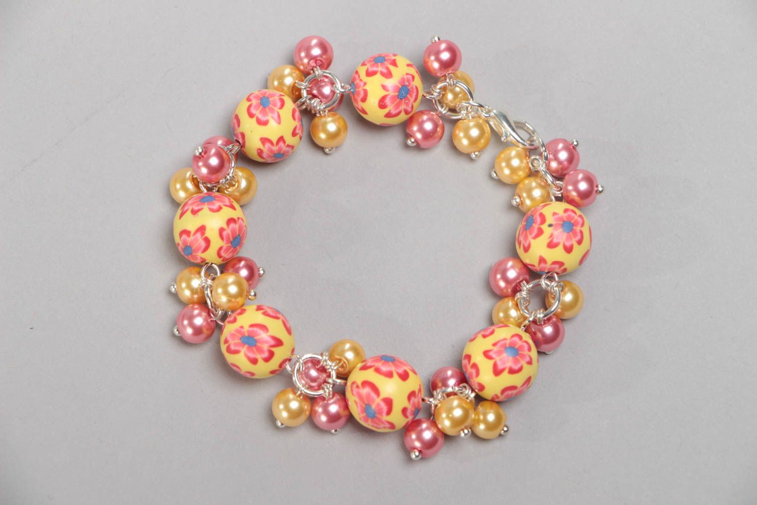 Handmade yellow children's polymer clay bracelet with charms and beads photo 3