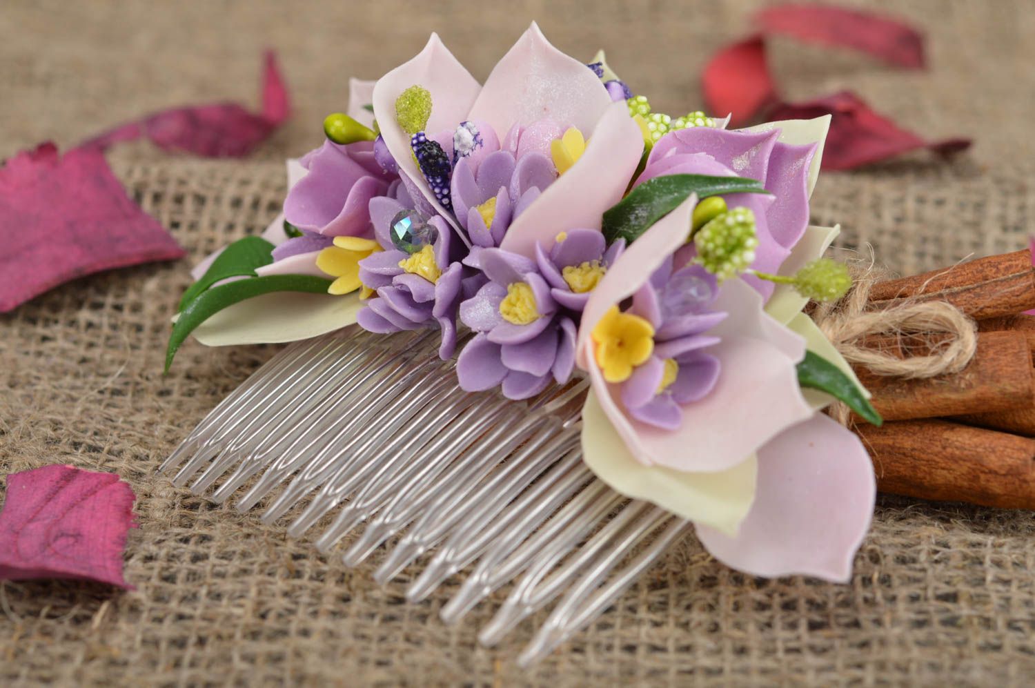 Violet cute handmade beautiful hair comb with flowers made of polymer clay photo 1