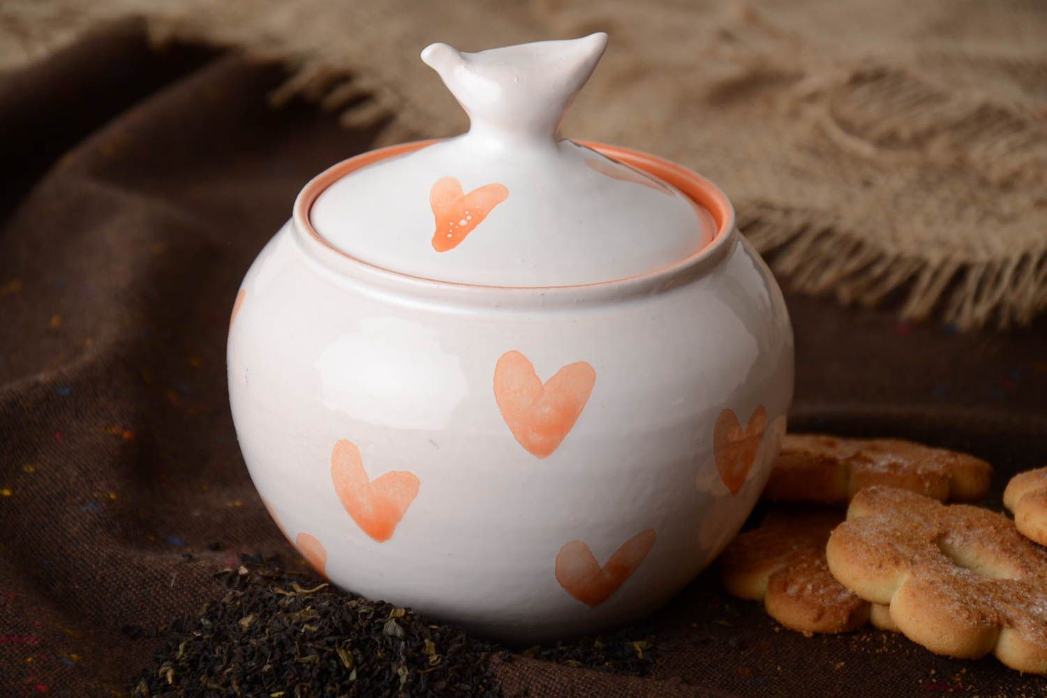 Handmade glazed clay sugar bowl with enamel 500 ml kitchen decor photo 1