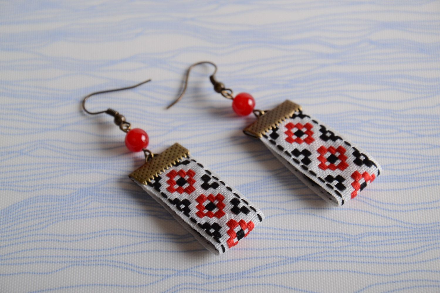 Handmade textile earrings with ethnic prints bright beautiful jewelry photo 1