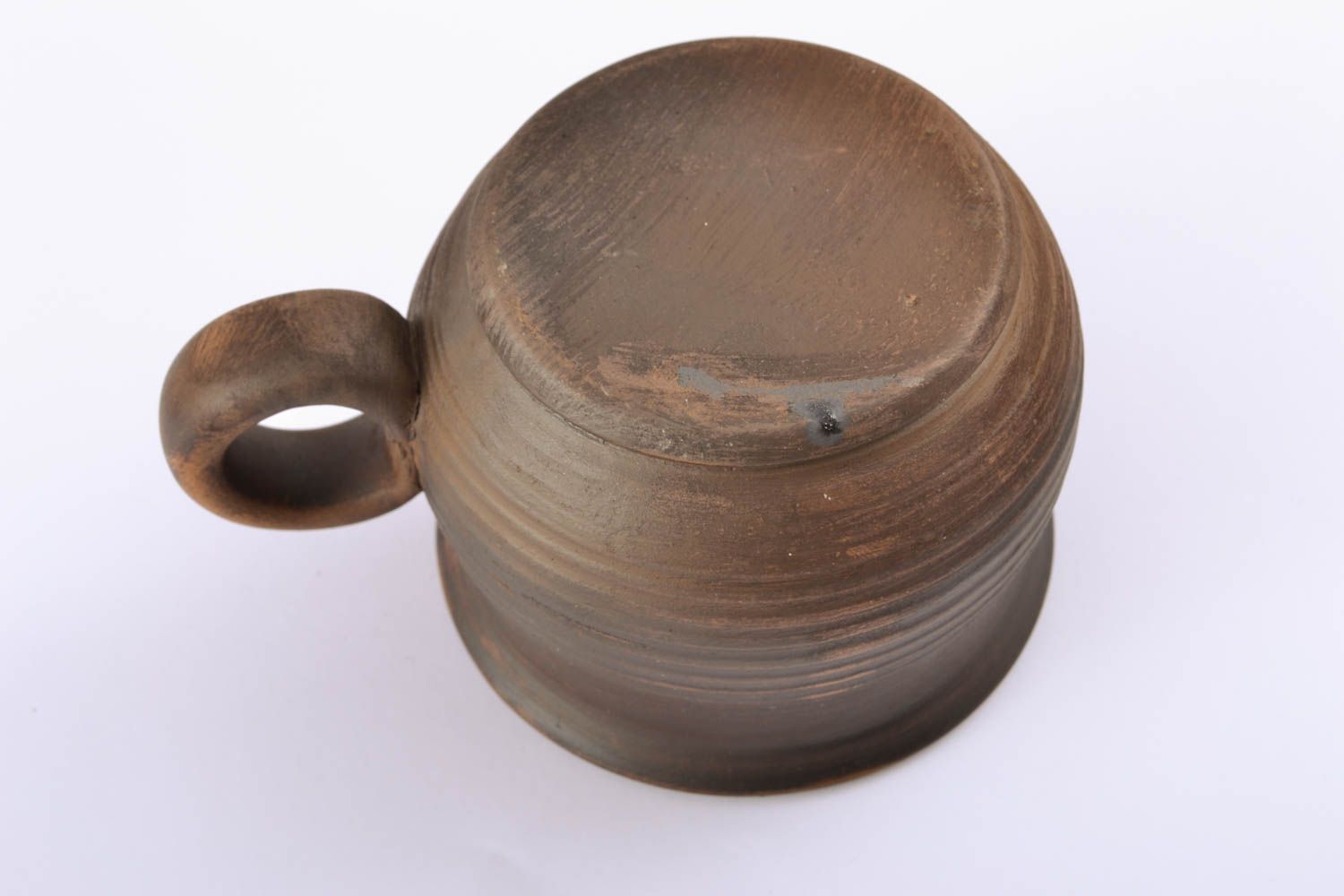 Wide brown clay manually molded cup for coffee with handle with no pattern photo 2