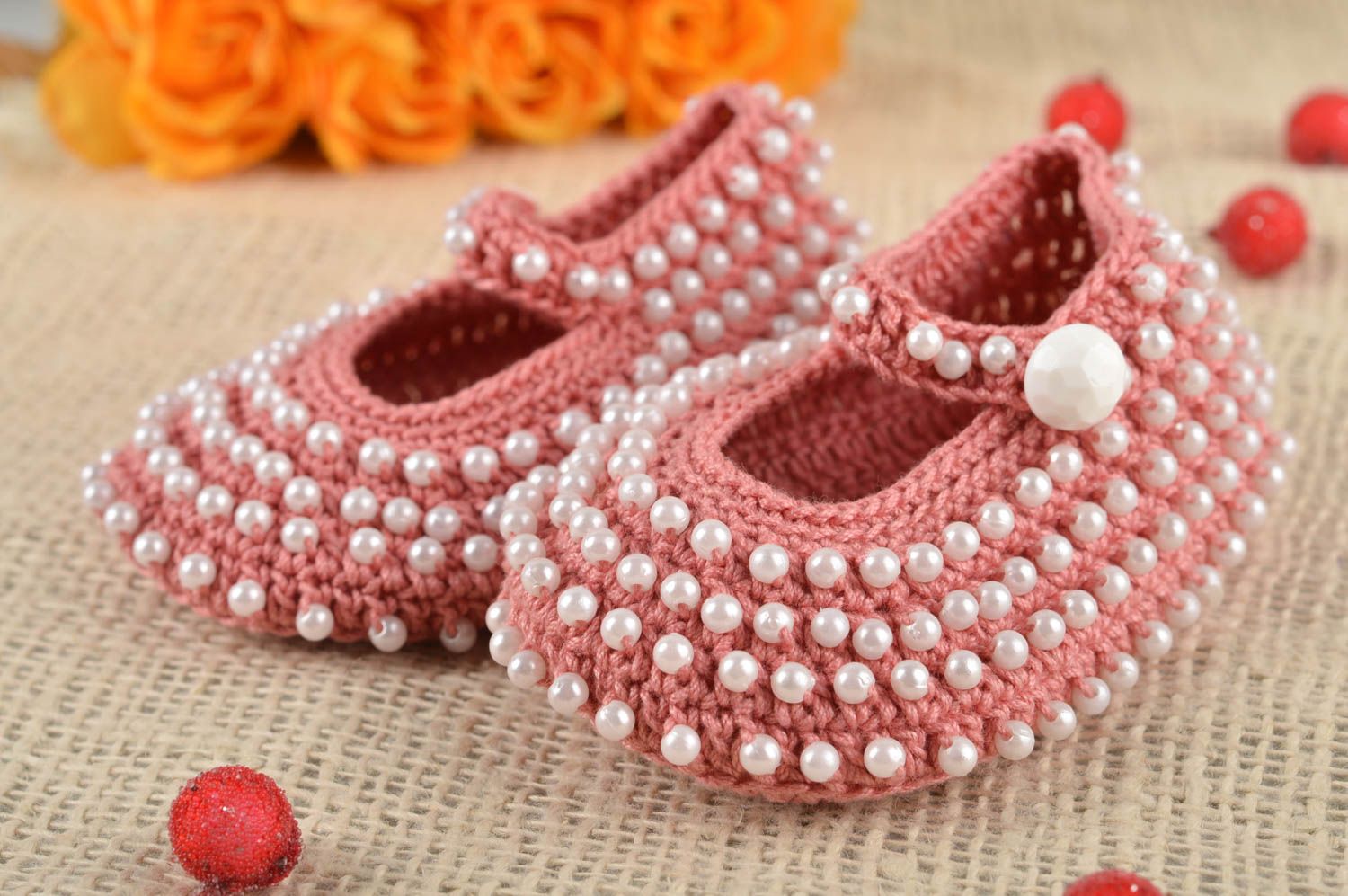 Пинетки туфельки ручной работы теплые пинетки вязаные туфельки розовые фото 1