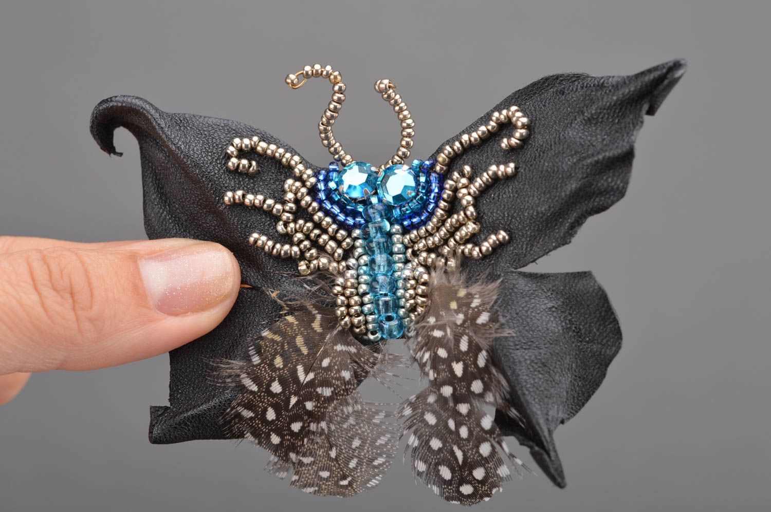Handmade designer genuine leather black butterfly brooch embroidered with beads photo 2