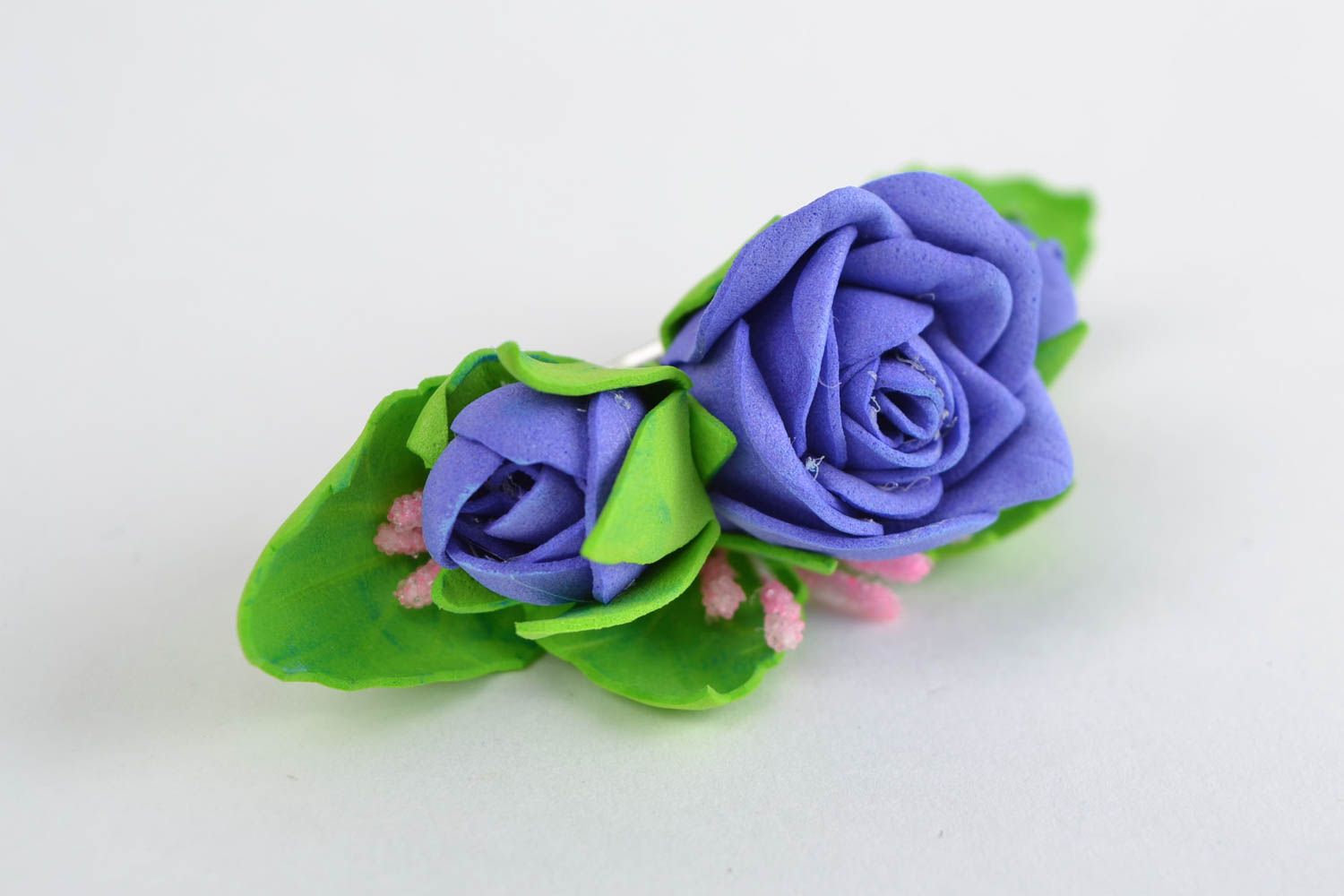 Beautiful handmade designer textile foamiran hair clip with blue roses photo 4