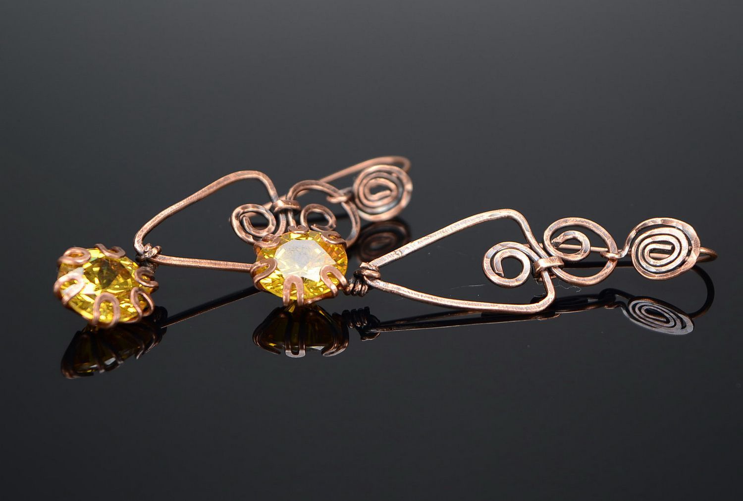 Earrings wire wrap with yellow zirconium photo 2