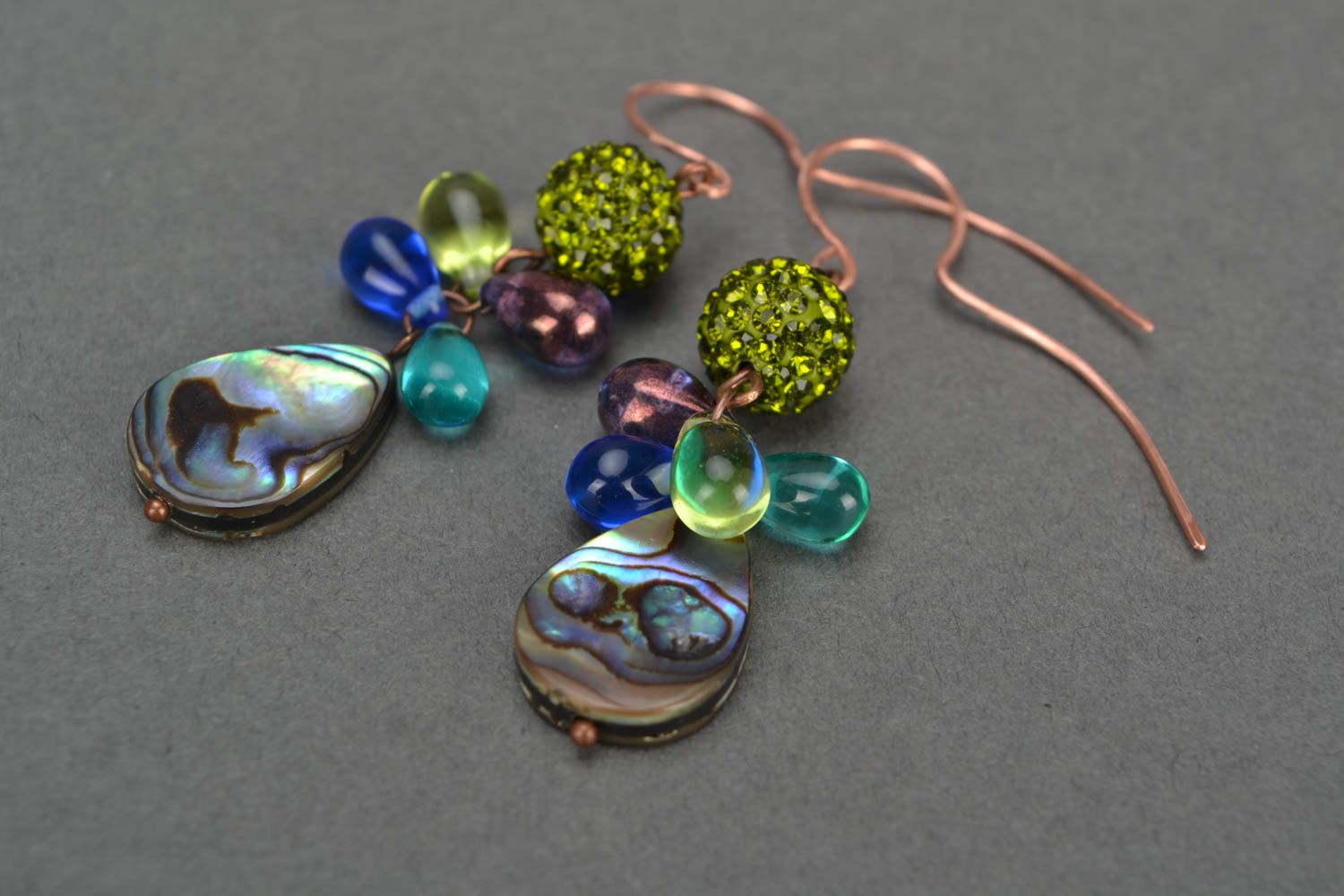 Beautiful handmade designer long earrings with shellfish and Czech glass beads photo 4