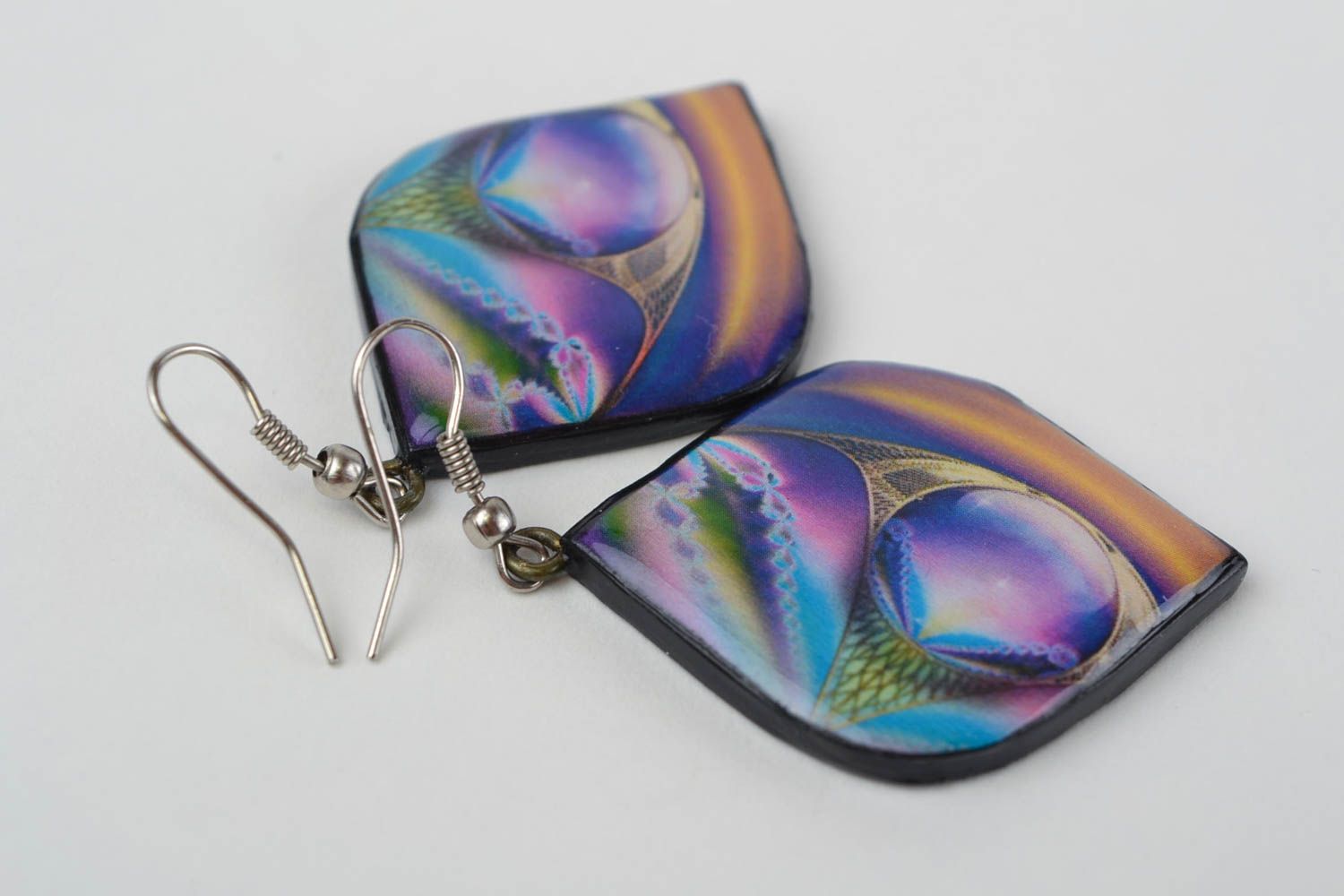 Handmade polymer clay decoupage dangling earrings in violet color palette Time photo 4