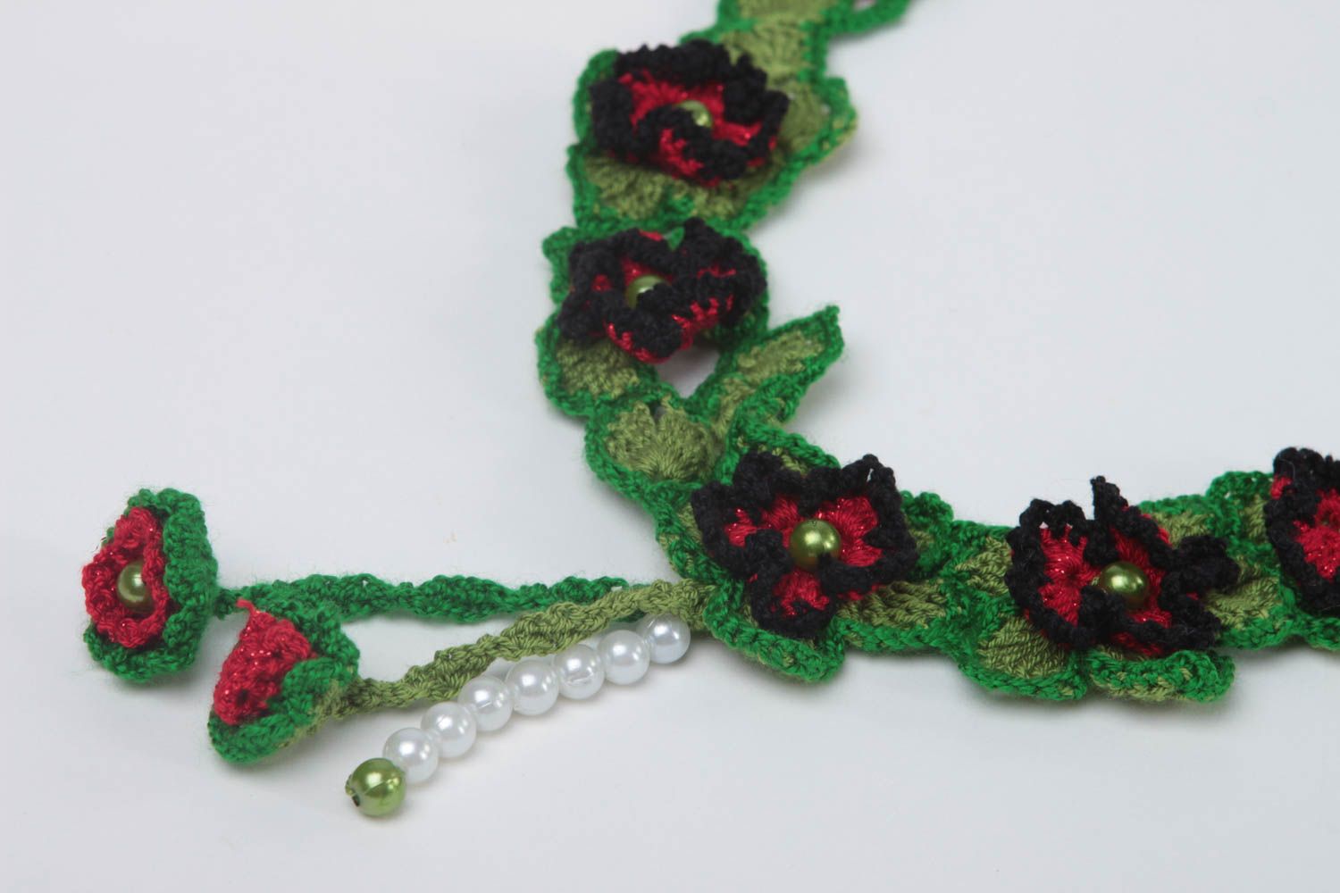Collier textile Bijou fait main tricoté au crochet avec fleurs Accessoire femme photo 4