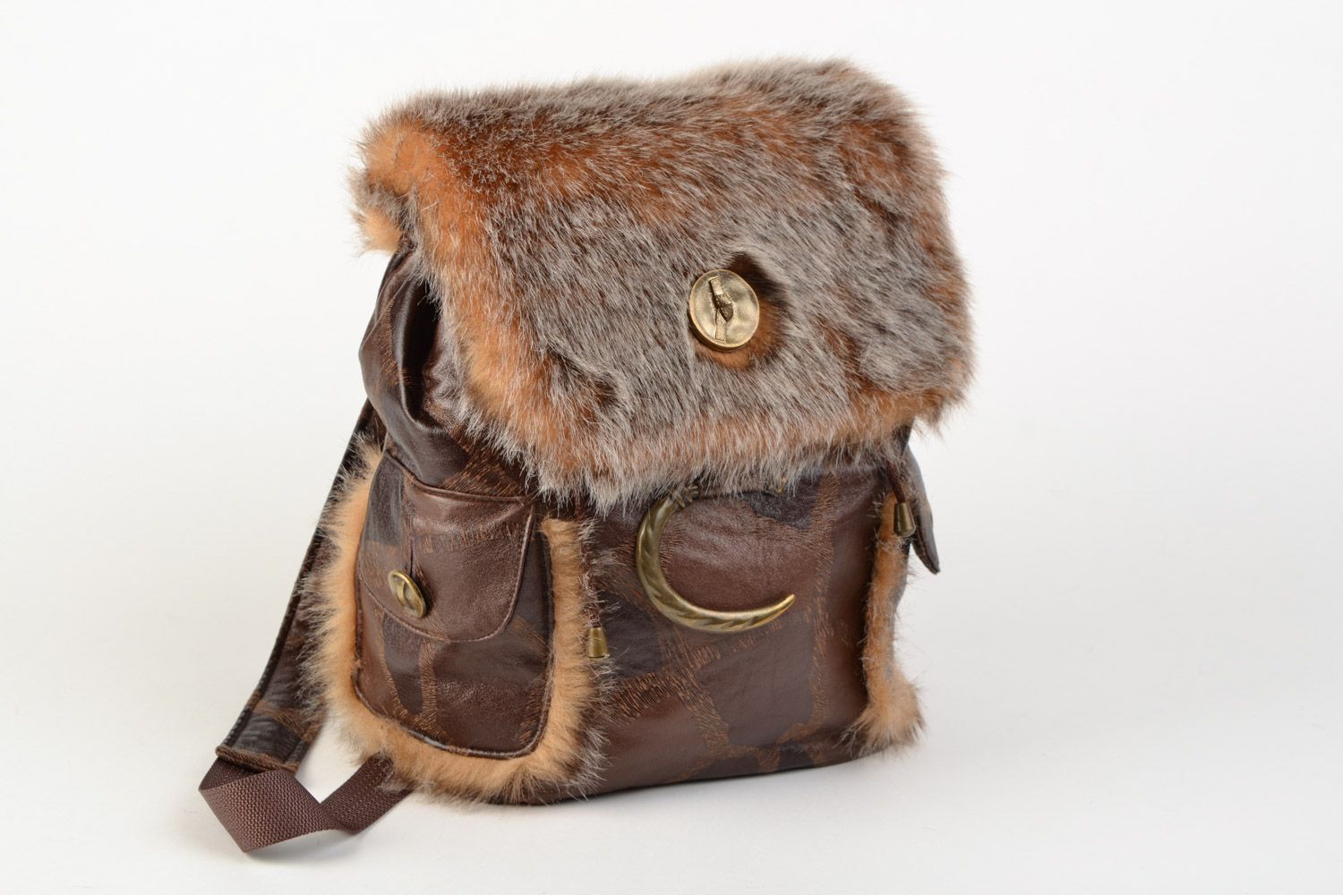 Handmade female backpack with artificial fur and brown leatherette photo 2