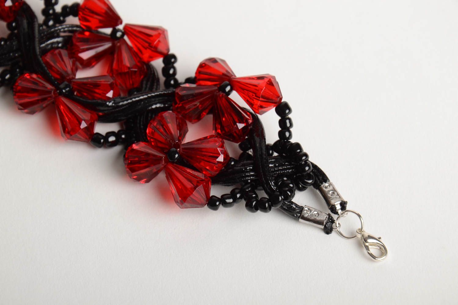 Designer festive handmade black and red wrist bracelet crocheted of Czech beads  photo 5
