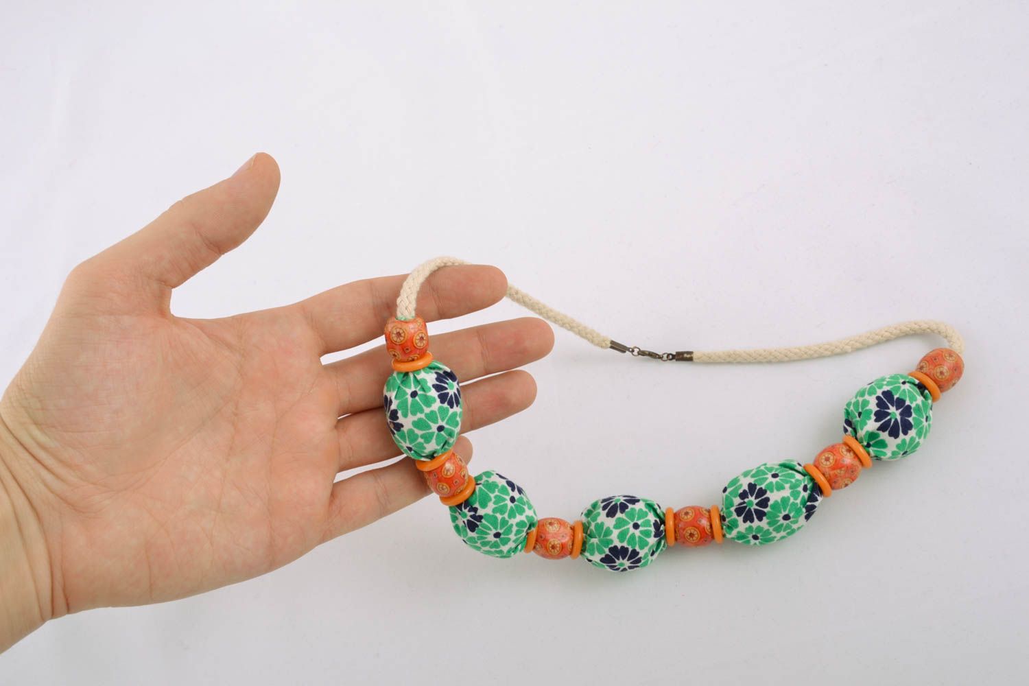 Textile necklace with wooden beads photo 4