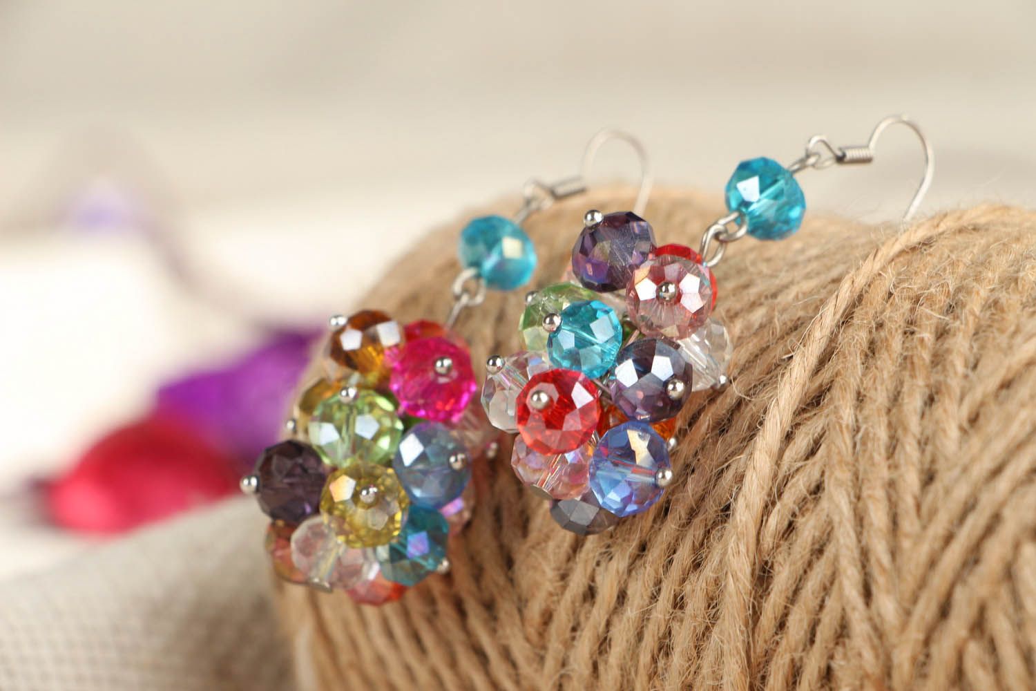 Earrings with multi-colored glass beads photo 3