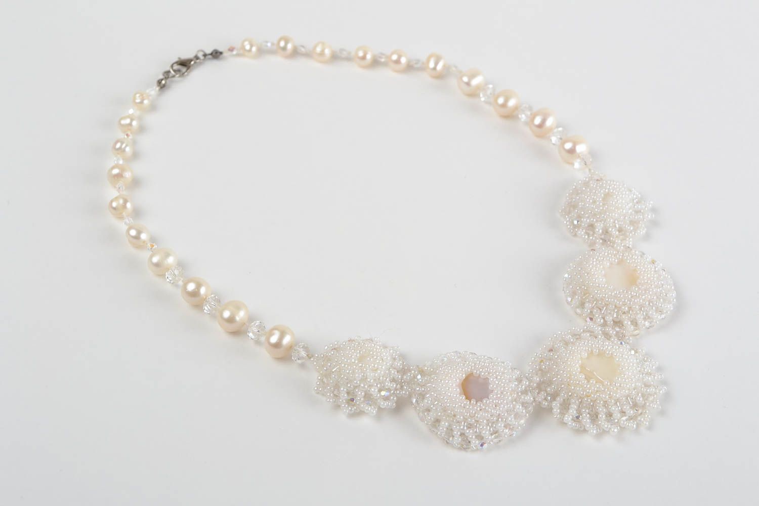 Beautiful white handmade necklace made of beads and natural stone Bride photo 5