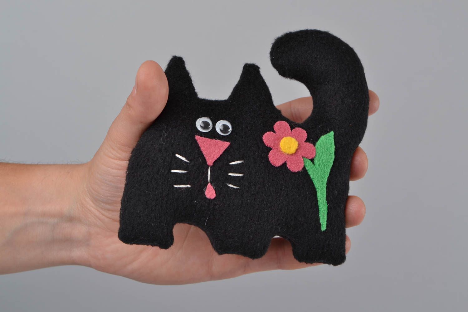 Soft toy black cat made of fabric with flower for home decor and children photo 2