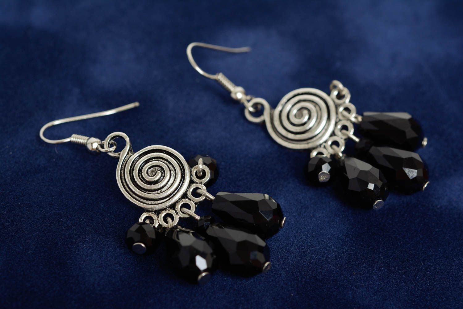Handmade massive metal earrings with black glass beads photo 2