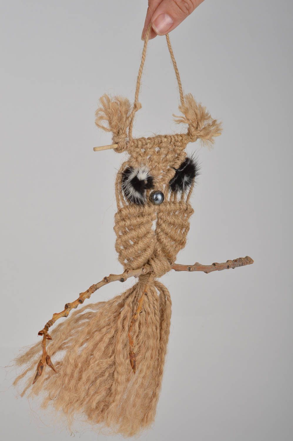 Decorative interesting picture made using macrame technique Owl on tree twig photo 2